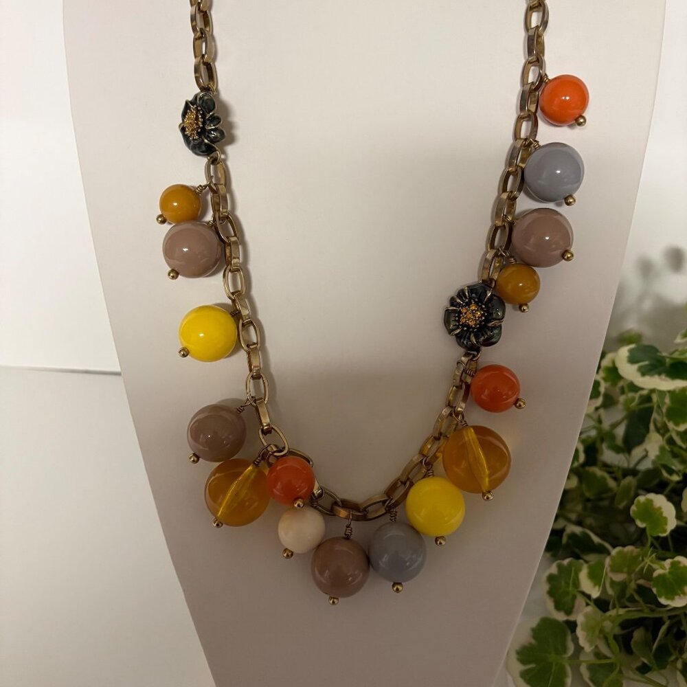 J Crew Gum Ball Large Bead Flower Necklace Statement Chunky Gold Rolo Link